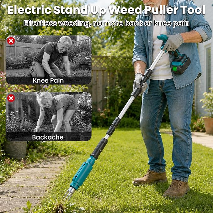Electric Stand Up Weed Puller Tool with Long Handle, Lightweight & Portable Design, Total 4000 mAh Batteries, Adjustable Garden Weed Remover Tool For Lawn Yard, No Bending Grandpa's Weeder Tool