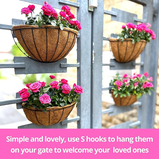 LalaGreen Bundle - 14" x 2 Pack + 14" 2 Pack Hanging Flower Baskets with Coco Liner in Two Different Designs Herb Pot Holder Rail Planter Outside Railing Deck Vertical Garden Wire Pots
