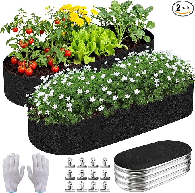 2 Sets 4 x 2 x 1 ft Raised Garden Bed Liner Bag, Breathable Grow Bed Fabric Liners with Clips and Gloves, Garden Box Non Woven Bag for Outdoor Plants Growth Keep Soil Isolation (No Garden Bed)