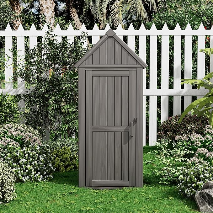 Fancyango Outdoor Resin Storage Shed, Upgrade Sturdy Storage Cabinet with Removable Shelves and Lock Ring, Reinforced Floor, All-Weather Construction for Garden Patio Lawn (Black) (Grey)