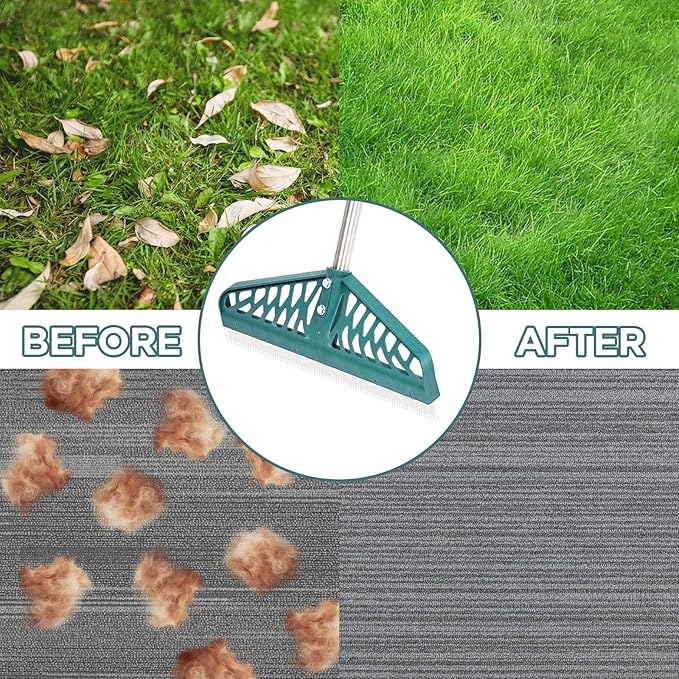 YEELOR Artificial Turf Rake with Adjustable Steel Handle from 32 to 61 Inch, Durable Artificial Grass Rake, Turf Brush for Cleaning pet Hair, Large Fallen Leaves and Dead Grass from Artificial Turf
