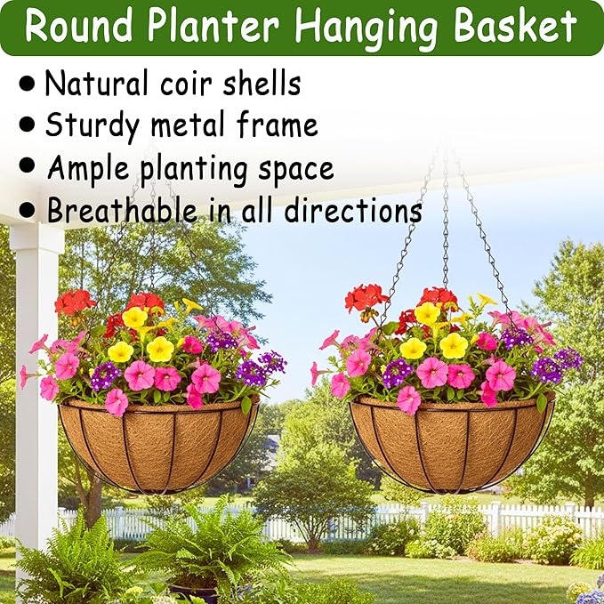 4pcs 16 inch Metal Hanging Baskets Round Wire Plant Stand with Coco Lining Cushion Decorative Planter Hanger Garden Indoor Outdoor Watering Hanging Basket （XG）
