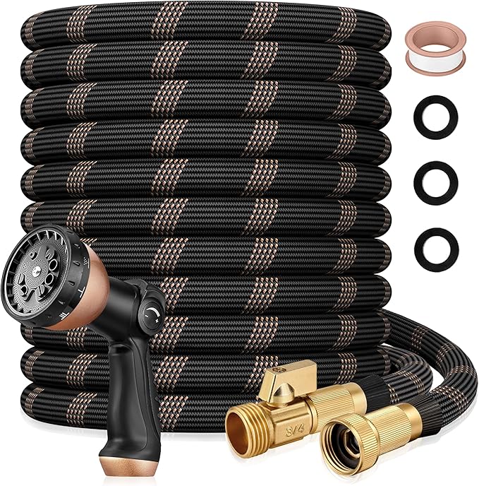 Garden Hose 75ft, 2026 Ultra Lightweight Water Hoses w/10 Function Spray Nozzle and 3/4" Brass Fittings- Durable, & Flexible Water Pipe for Yard, Lawn, Outdoor & Gardening(Black Rose gold)