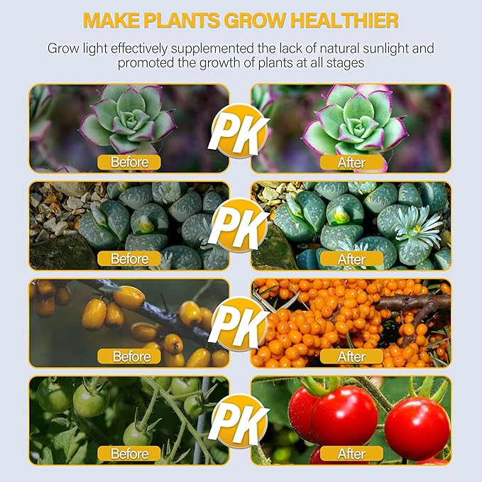 iPower LED Grow Lights for Indoor Plants, Full Spectrum Plant Growing Lamp with Yellow Red LEDs, 10-Level Dimmable, Auto On Off with 6/9/12H Timer, 1 Tubes