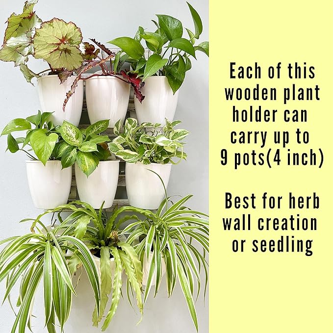 ShopLaLa Bundle- 4" White Self Watering Plastic Pots x 10 Pack + White Wooden Hanging Planters x 2 Pack Vertical Wall Mounted Pot Holder Indoor Plants Modern Hydroponic Herb Succolent Garden LaLaGreen
