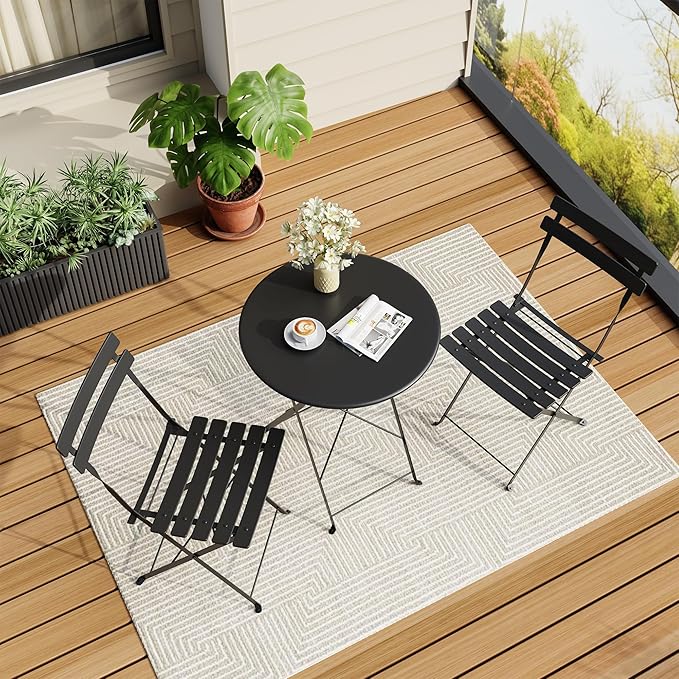 Bistro Table and Chairs Set of 2, 3 Piece Outdoor/Indoor Folding Patio Bistro Sets, 2 Chair Patio Furniture Set with Table, Premium Frame Foldable Coffee Tables for Balcony, Yard, Garden, Black