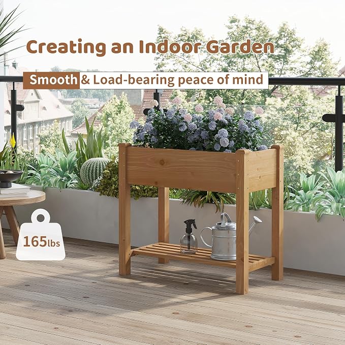 Raised Garden Bed with Legs Elevated Wooden Planter Box Stand Large Planter Stand Box for Fruits Vegetables Flowers with Divider with Bag - 34x18x30.5IN（Brown）
