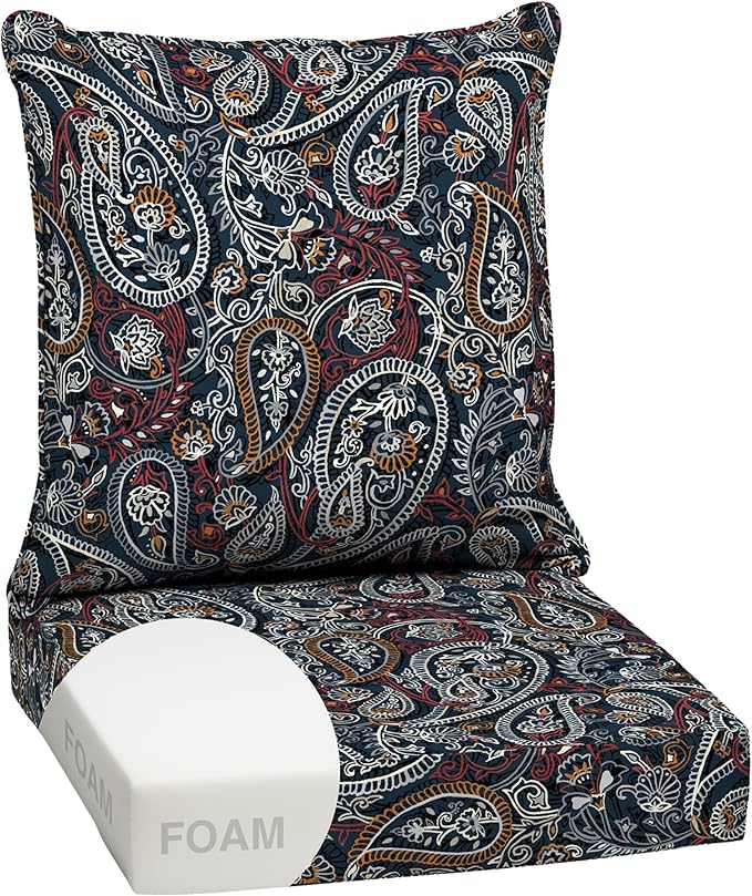 Arden Outdoor Foam Deep Seat Cushion Set, 24x24, Premium High-Density Foam, Never Flattens, Weather-Proof for Patio Chair Sofa Couch, Navy Palmira Paisley