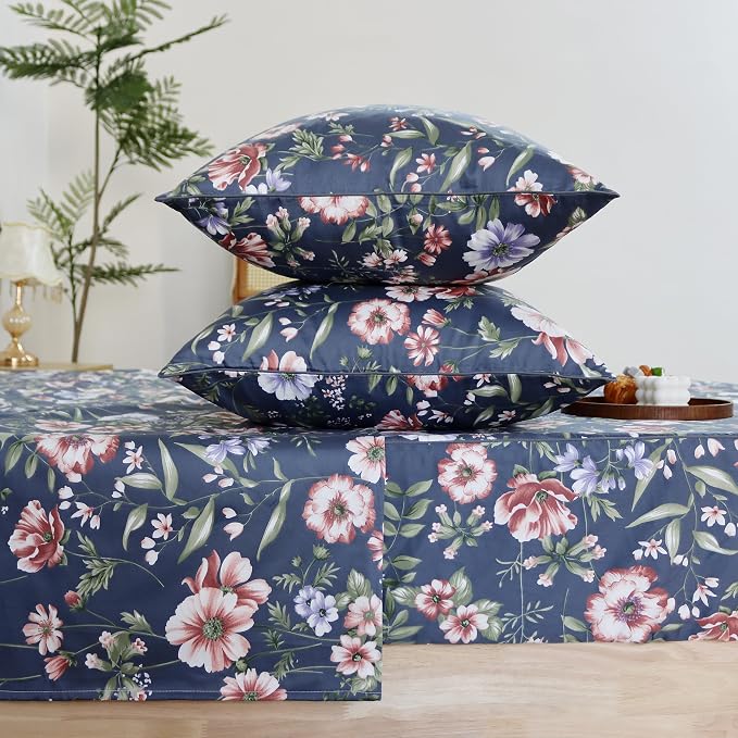 FADFAY Sheets Set Twin Vintage Dark Blue Floral Bedding Shabby Peony Floral Sheets Navy French Country Farmhouse Bedding 800 Thread Count 100% Egyptian Cotton Deep Pocket Fitted Sheet 4Pcs, Twin Size