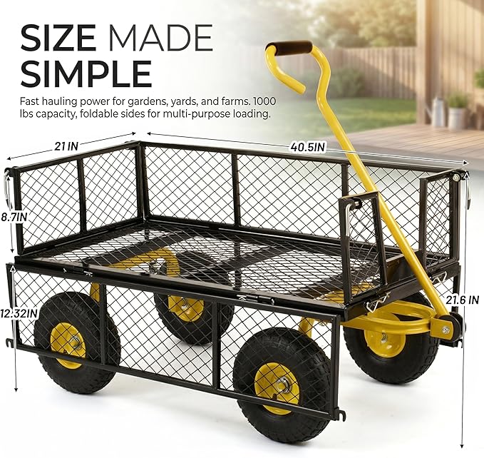 Finnhomy Heavy Duty 1000 Lbs Capacity Mesh Steel Garden Cart, Pullable Garden Wagons Carts on Wheels, Folding Utility Wagon with Removable Sides for Outdoor, Yard, Lawn, Yellow