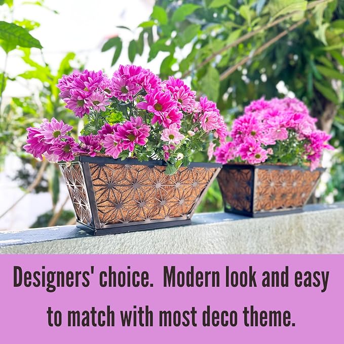 LaLaGreen Window Boxes Planter for Outdoor Plants (2 Pack, 12 Inch) Black Metal Small and Cute Rectangular Flower Pot Wall Planters with Coco Liner Horse Trough Deck Railing Garden Balcony Fence Patio