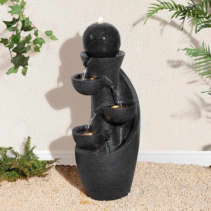 Glitzhome Outdoor Water Fountain with LED Light & Pump, Modern 5-Tier Bowl and Sphere Polyresin Outdoor Fountain, 33.5" Cascading Waterfall Fountain Water Feature for Porch Deck Patio Backyard Decor