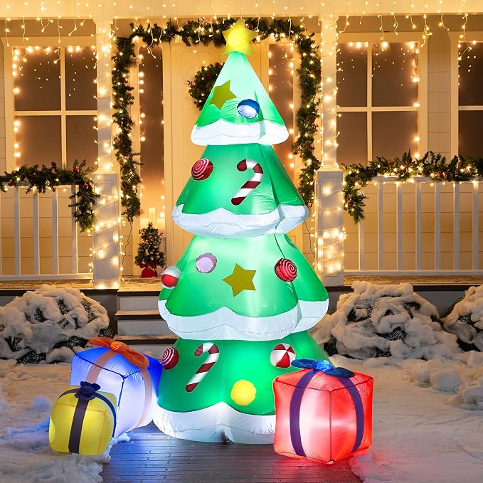 Joiedomi 7FT Tall Christmas Inflatables Tree Outdoor Decoration, Giant Christmas Inflatable Tree with 3 Gift Boxes with Build-in LEDs for Blow Up Xmas Decoration, Indoor Outdoor Yard Garden Lawn Décor