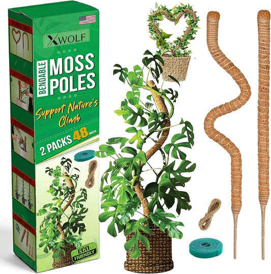 2 Pack 48 Inch Bendable Moss Pole Monstera Plant Support for Climbing Indoor Plants, Tall Coir Plant Pole Sticks & Plant Stakes for Pothos, Philodendron & Potted Plants, Includes Plant Ties