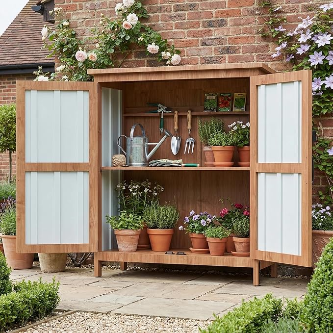Greesum Outdoor Storage Cabinet with Adjustable Shelf, Wood & Metal Garden Storage with Lockable Doors, Weatherproof Shed for Tools, Lawn Equipment, Pool Accessories, Black