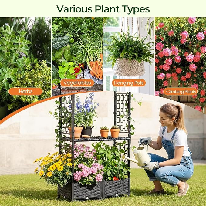 71"x16"x32" Planter Box with Trellis, 3-in-1 Self-Watering Planter Box with Wheels for Patio,Raised Garden Bed with Trellis, Drainage Holes & Metal Storage Rack for Vine Climbing Plants