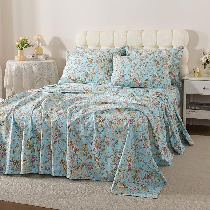 FADFAY Queen Sheet Set 4 Piece 100% Egyptian Cotton Bed Sheets Deep Pocket, Soft Breathable Vintage Blue French Country Bedding Shabby Cottagecore Floral Bedding Luxury Hotel Quality for All Seasons