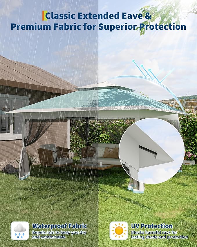 GarveeLife Canopy Tent 13x13 ft, Pop Up Gazebo One-Push Setup with 4 SandBags for Backyard Parties and BBQs, Mosquito Netting & Height Adjustable - Lake Blue