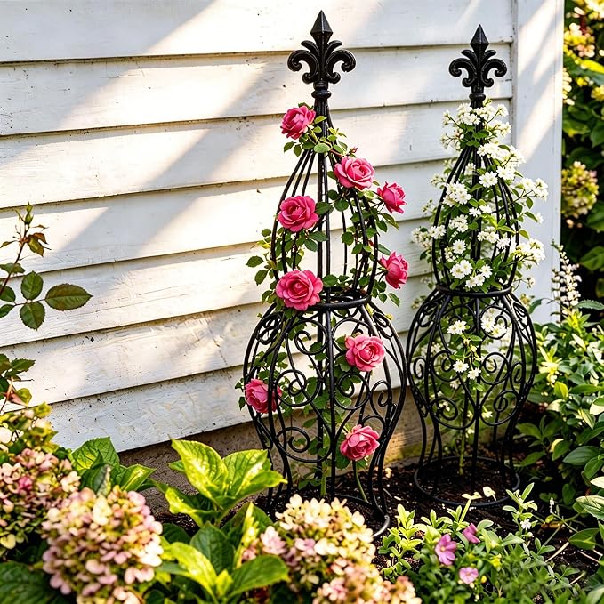 2-Pack Iron Garden Obelisk Trellis, 30" Rose Climbing Plant Support | Tool-free snap assembly; fits 9–12in pots, for roses clematis ivy vines, 2-pack patio balcony outdoor metal trellis