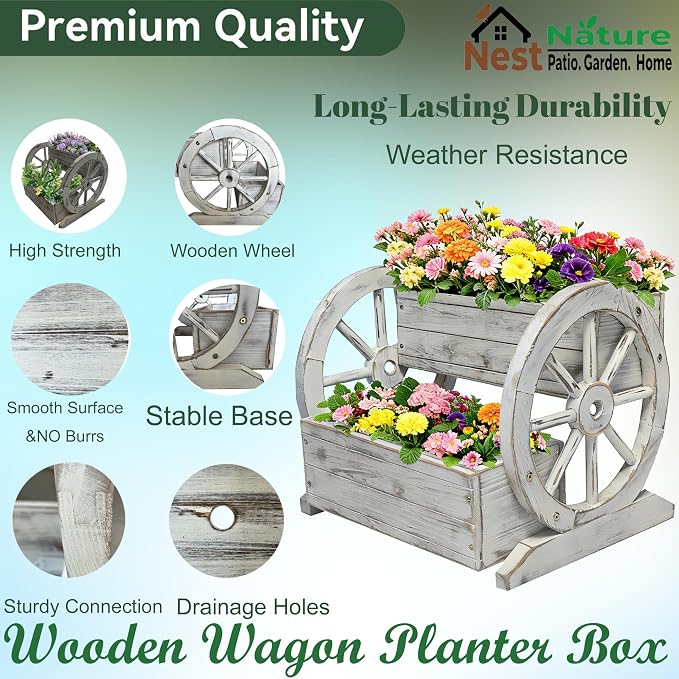 2 Tier Classic Wooden Wagon Planter Box|Outdoor Planter/Flower Pot for Indoor&Outdoor Plants-Rustic Garden Planter for Patio,Porch&Garden Decor- Raised Garden Bed for Succulents,Herbs,Vegetables