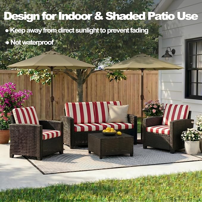 CALBODE 8 Pcs Stretch Outdoor Seat Cushion Covers, Washable Striped Chair Seat Cover for Patio Furniture Cushions Soft Indoor and Outdoor Couch Cover Replacement (Red&Beige, Cover Only)