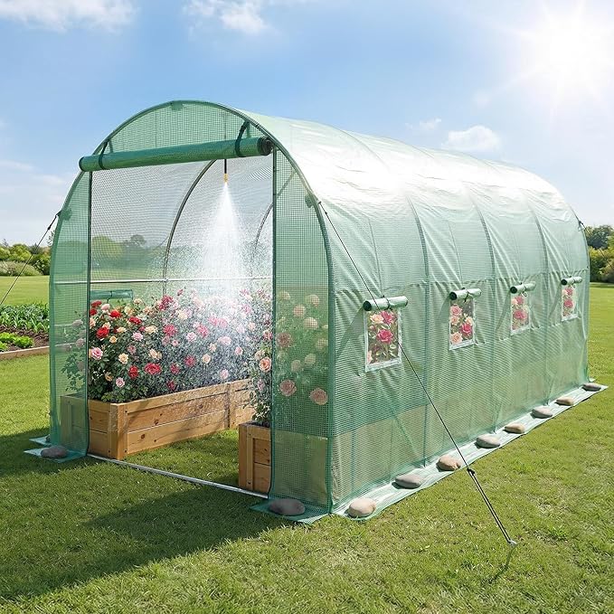 VEVOR Walk-in Tunnel Greenhouse, 15 x 7 x 7 ft Hoop House Greenhouse Tunnel with Watering System, Plant Hot House with Steel Frame, PE Cover, Roll-Up Zipper Door and 8 Windows for Outdoors, Green