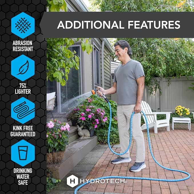HydroTech 25 ft Expandable Garden Hose - Pro Series, 2x Max Flow, 3/4" No-Kink Flexibility, Lightweight Hose for Lawn, Garden, Car Washing, Deck and Patio Cleaning