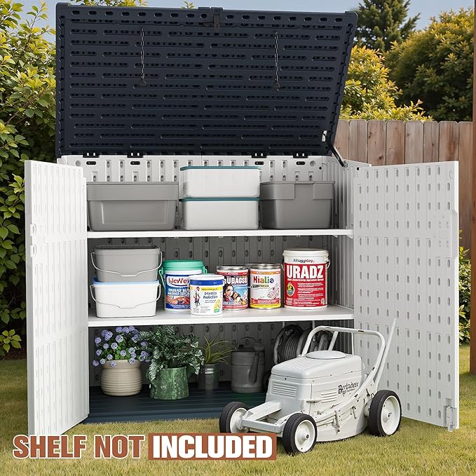 TUOZE 34 Cu Ft Resin Storage Shed, Waterproof Outdoor Storage Cabinet with Sloping Roof & Lockable Lid for Garden Tools, Trash Cans (Beige)