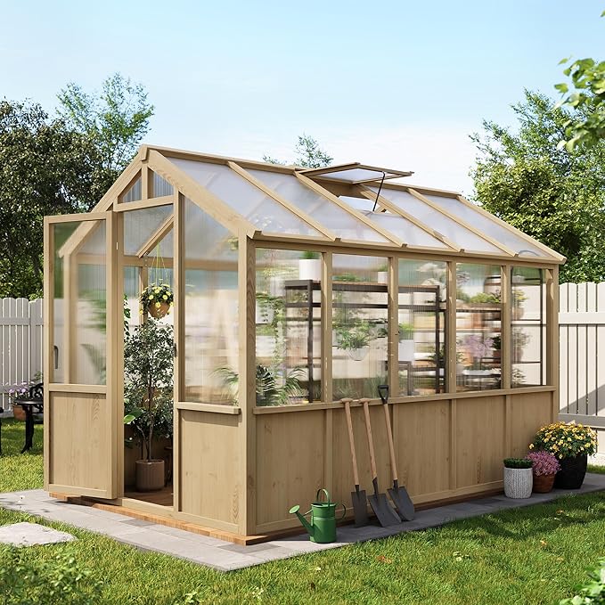 6x10 FT Greenhouse - Large Wooden Greenhouses for Outdoors, Heavy Duty Spruce Frame Greenhouse with PC Panels, Adjustable Roof Vents & Lockable Door, Walk-in Green Houses for Garden, Backyard, Patio