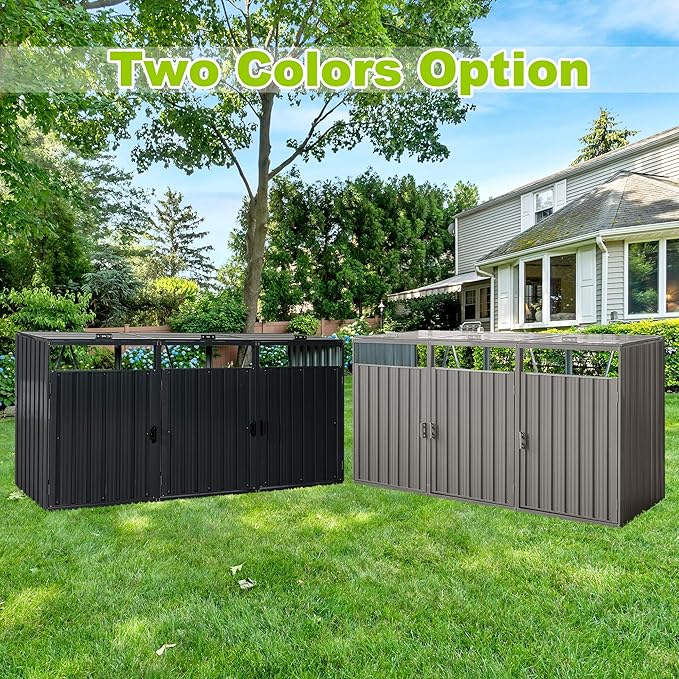 Outdoor Trash Storage Shed Waterproof Garbage Bin Shed Stainless Trash Container Storage for 3 Trash Cans Galvanized Steel Garbage Can Hider for Patio Garden Lawn, Gray