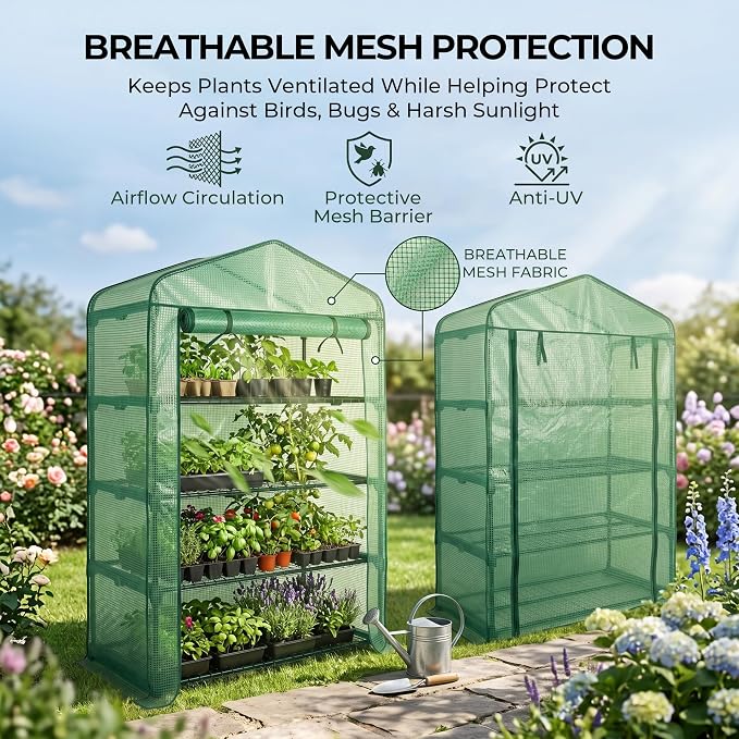 Worth Garden 50% Extra Wide Mini Greenhouse 4 Tier Portable Plant Green House 40in Wide -Sturdy Gardening Shelves with PE Cover & Roll-Up Zipper Door - Indoor & Outdoor Use - 19″W. x 40″L. x63″H.