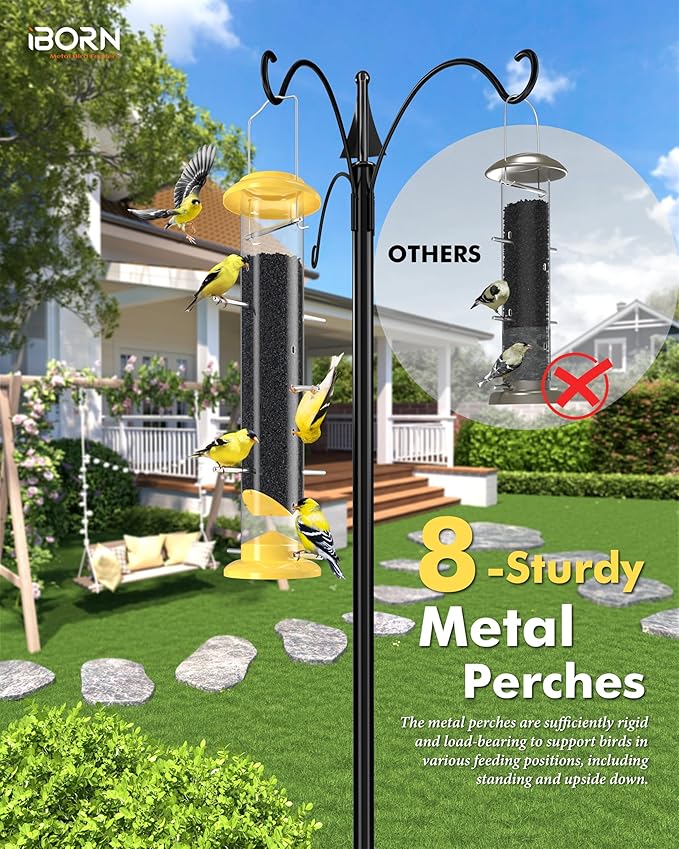 iBorn Finch Feeders for Outside,14 Inch Tube Bird Feeders for Outdoors Hanging,Metal Finch Feeders for Thistle Seed with 12 Small Ports,8 Metal Perches,Yellow,2 Pack