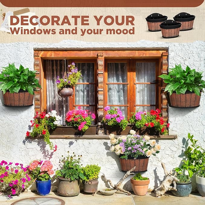 Layhit 6 Pcs Wall Hanging Planters Outdoor Pot Planter Wine Barrel Planter Distressed Oak Thickened Plastic Water Storage Flower Pots for Flower Indoor Outdoor(12 Inches, 10 Inches,Brown)