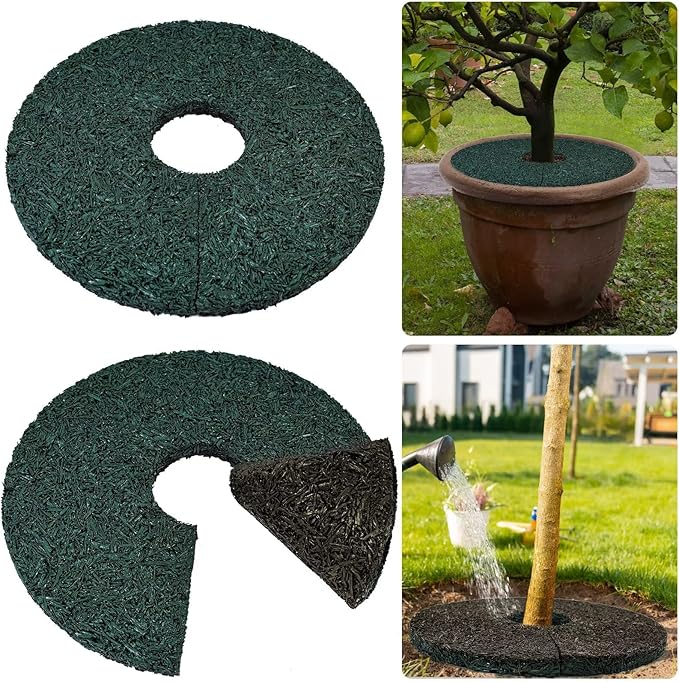 2pcs Double Side Rubber Tree Mulch Ring, 12In Heavy Duty Recycled Rubber Mulch Mat Natural Look Tree Root Protector Mat Reversible Round Tree Ring for Prevent Animal Dig, (Green Brown)