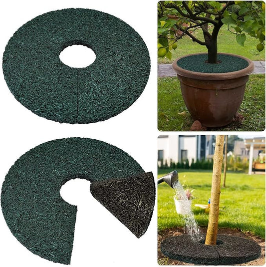 2pcs Double Side Rubber Tree Mulch Ring, 12In Heavy Duty Recycled Rubber Mulch Mat Natural Look Tree Root Protector Mat Reversible Round Tree Ring for Prevent Animal Dig, (Green Brown)