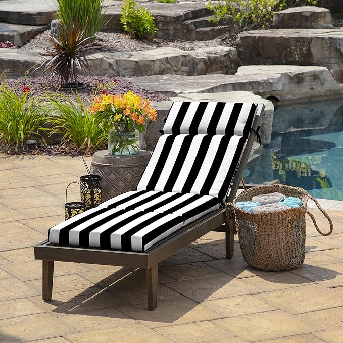 Arden Outdoor Chaise Lounge Cushion, 22 x 77, Rain-Proof, Fade Resistant Black Cabana Stripe
