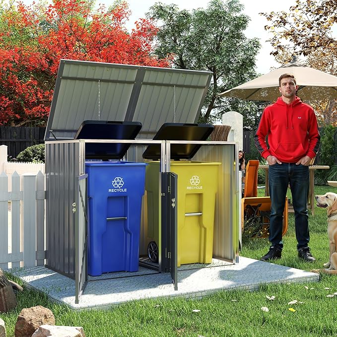 YOPTO Outdoor Storage Shed Metal Trash Can Storage,54 Cu.Ft Garbage Can Storage Shed W/Lid Chain,Hydraulic Mechanism & Pneumatic Spring Support Rods,for 2 Trash Bins,Bike,Garden Tools,Light Gray