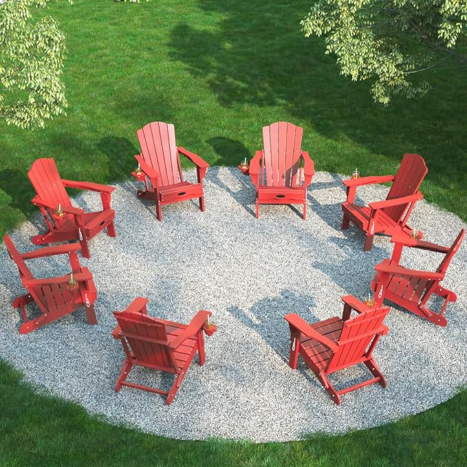 THOEOE Folding Adirondack Chair Set of 8, HDPE All-Weather Outdoor Chair with Cup Holder, Wooden Textured, Fire Pit Chair, Plastic Patio Chair for Deck, Backyard, Garden, Lawn, Red