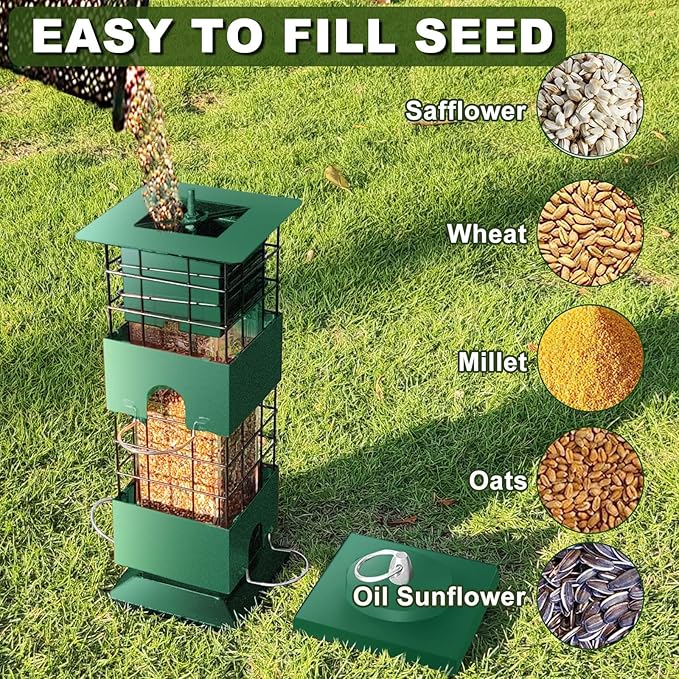 Squirrel Proof Bird Feeder, 3LBS Metal Hanging Bird Feeders for Outdoors, Weight-Activated Perches Wild Birdfeeder for Blue Jay, Cardinal (Green)