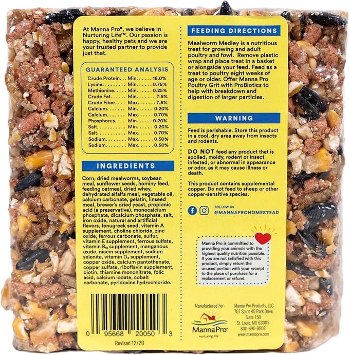 Manna Pro Mealworm Medley Cake, Chicken Treats & Food, High-Protein Snack for Chickens, Turkeys, and Backyard Birds, 19.5 oz