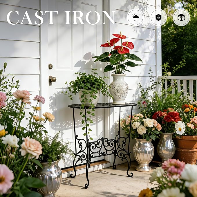Heavy Duty Cast Iron Potted Plant Stand Garden Table - 22.8IN. Oval Plant Shelf, Vintage Ornament Display Stand, Corner Plant Stand for House Decor, Balcony, Living Room or Patio wrought flower bloom bar