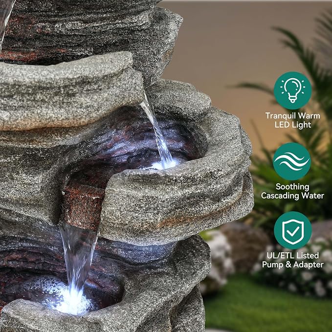 AUTODAYA 6-Tier Rock Outdoor Water Fountain, 40in Tall Oversized Fountains for Outside, Relaxing Cascading Waterfall for Tranquil Outdoor Garden Patio Garden Backyard Oasis