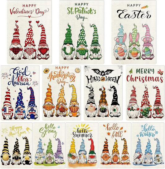 Gnomes Seasonal Garden Flags Set of 12, All Seasons and Holidays, Burlap, 12x18 inch, Double Sided, Fade Resistant, Outdoor Decor