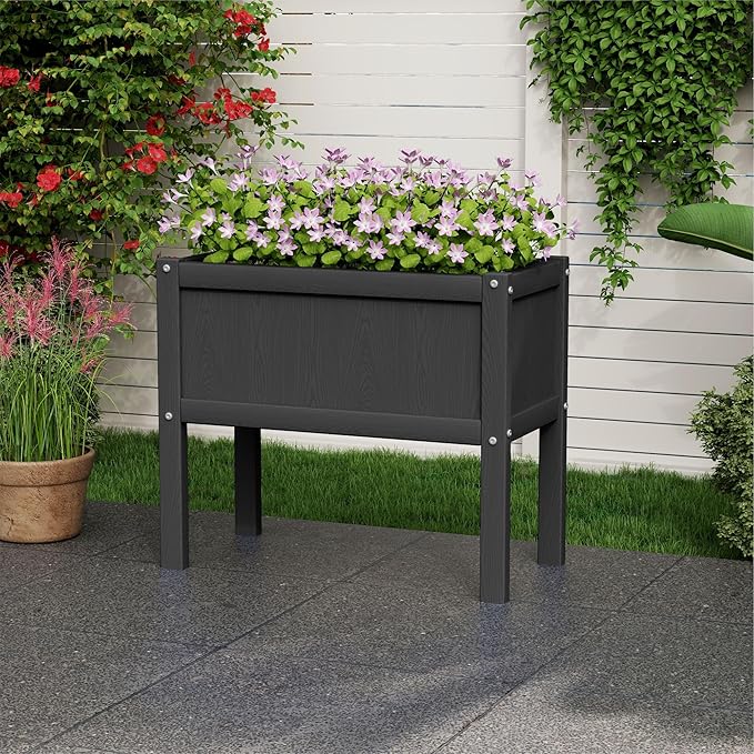 Raised Garden Bed with Drainage Hole Waterproof Small HDPE Elevated Planter Box with Legs Stable and Durable to Plant Herb Vegetable Flower,Patio,Balcony Outdoors/Indoors Black