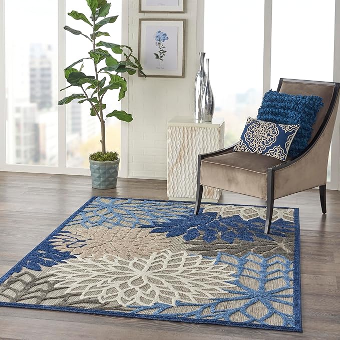 Nourison Home Aloha Indoor/Outdoor Blue/Multicolor 6' x 9' Area Rug, Easy Cleaning, Non Shedding, Bed Room, Living Room, Dining Room, Deck, Backyard, Patio (6x9)