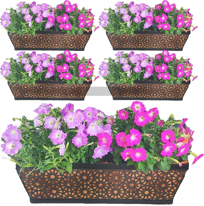 Railing Planter Window Boxes Round Hole Horse Trough Planter with Coco Fiber Liner Deck Balcony Rail Planter Black Metal Hanging Flower Planter Window Basket for Outdoor Porch Fence (4 Pack, 24 Inch)