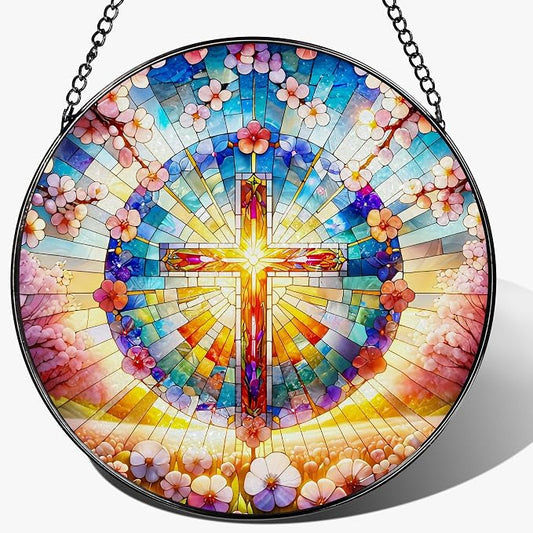 8 Inches Cross Stained Glass Suncatcher, Stained Glass Window Hanging, Spiritual Sun Catcher, Cross Ornament Gift, Christian Home Decor, Christian Gifts, Religious Gifts, Gift for Christmas