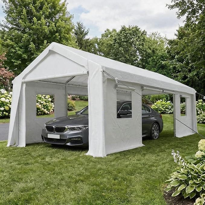 12x20 ft Heavy Duty Carport, Portable Garage Canopy with Reinforced Steel Frame, Roll-Up Mesh Windows & Doors, All-Season Car Shelter for Truck, Boat, RV, Outdoor Storage