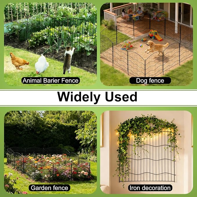 10-Panel No Dig Garden Fence, 31in(H) x24ft(L) Black Metal Animal Barrier, Dog Fence Outdoor for Yard, Temporary Decorative Fencing Border for Rabbits, Patio