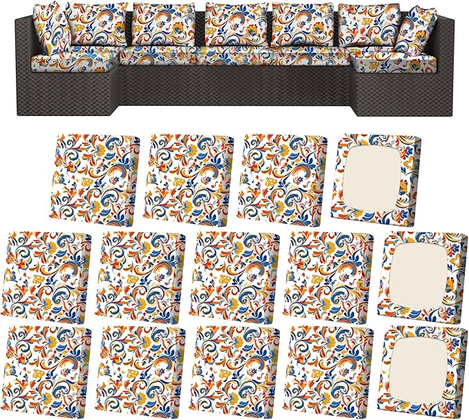14Pcs Patio Stretch Cushion Covers, Outdoor Couch & Sofa Replacement Slipcovers for Patio Furniture Cushion Covers, Washable Reusable Furniture Protector, Square Large, Painting